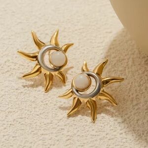 Gold and Silver Moonstone Gem Blocking Sunburst Design Stud Statement Earrings